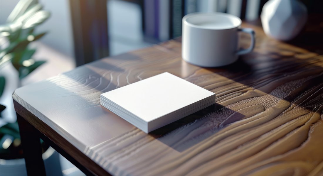 A stack of blank cardstock notecards on the desk in a business's office.