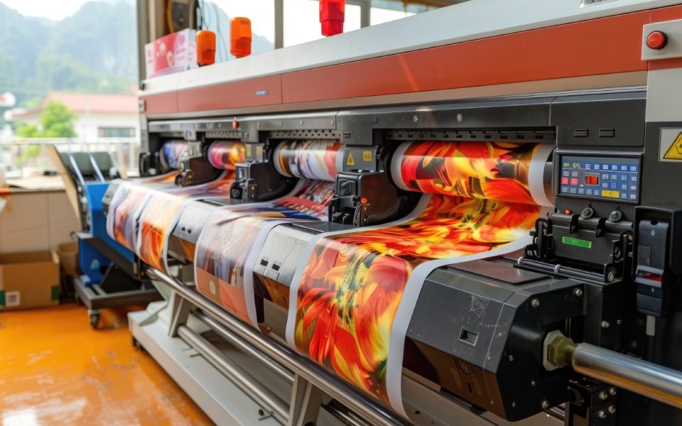 A series of wide-format printers are turning out several large, brightly colored prints on immense rolls.
