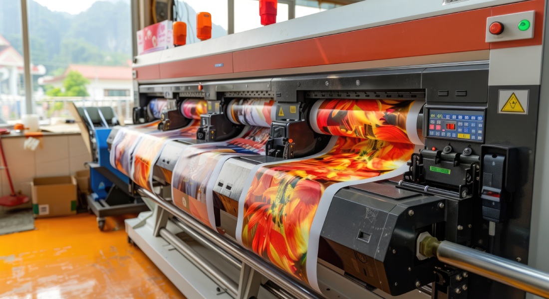 A series of wide-format printers are turning out several large, brightly colored prints on immense rolls.