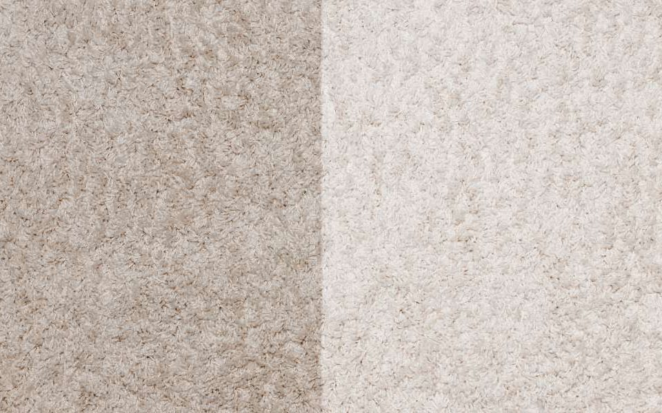 A section of white carpet divided into two halves: one clean, bright white side and one dirty beige-colored side.