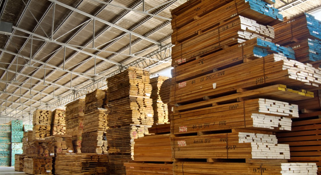 A large warehouse with stacks and stacks of recycled wooden pallets and racking systems. The stacks are bound together.